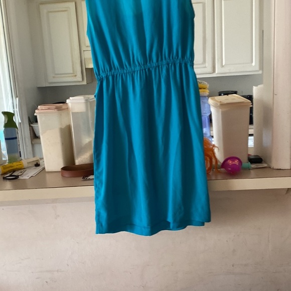 Dress teal cutsy v neck no sleeve belt tie on corner - Picture 8 of 8